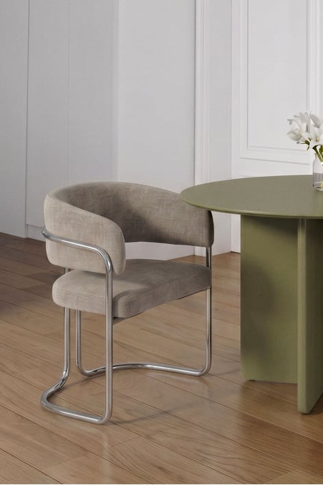 Silla de comedor con reposabrazos tapizada y en hierro Zantria - Tela Gris Topo