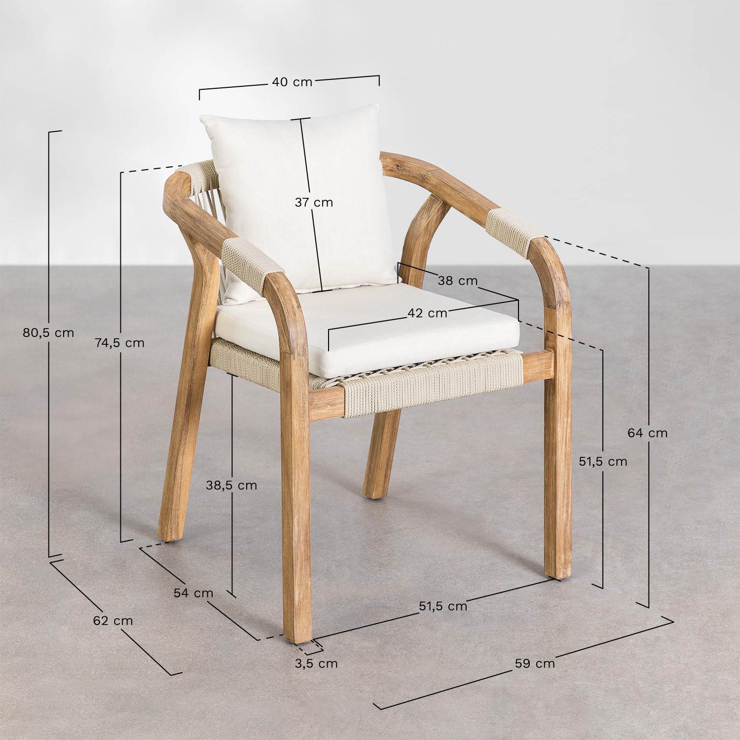 Set de mesa rectangular 200-260-320x100 cm extensible y 12 sillas de jardín con reposabrazos en madera de acacia Dubai , medidas