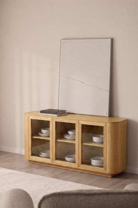 Aparador rectangular 160x40 cm en MDF marrón roble y cristal templado Walia