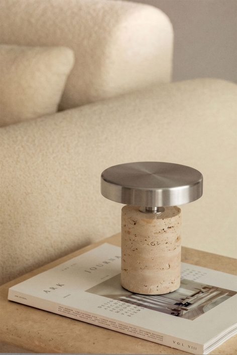 Lámpara de mesa LED inalámbrica en hierro y piedra natural Isasia