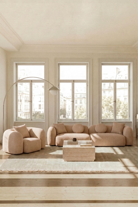 Conjunto de salón con sofá modular de 2 piezas y sillón en chenilla Coco - Chenilla Gruesa Marrón Latte