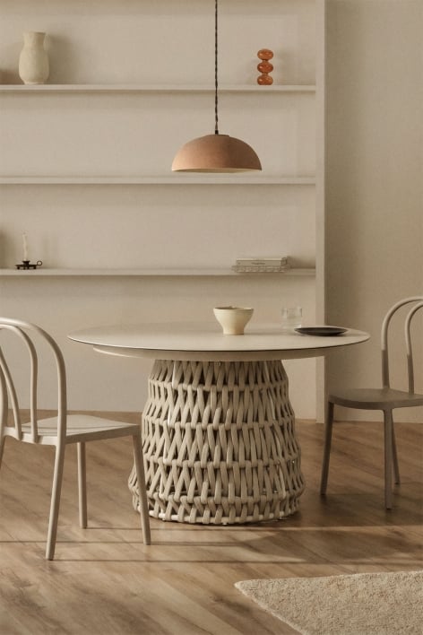 Mesa de comedor redonda Ø140 cm en cerámica y cuerda trenzada Tevary