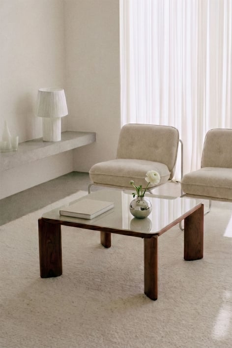 Mesa de centro cuadrada 80x80 cm en vidrio templado y MDF Nilea