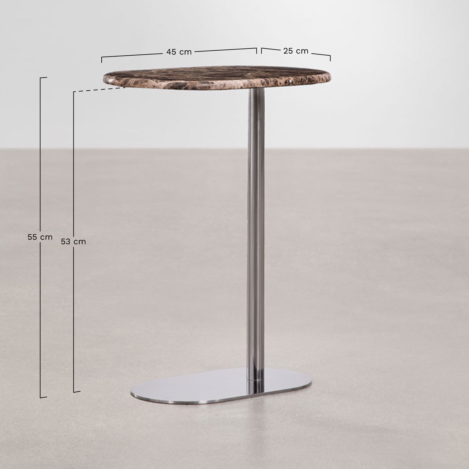 Mesa auxiliar ovalada 45x25 cm en acero inoxidable Lumair, medidas