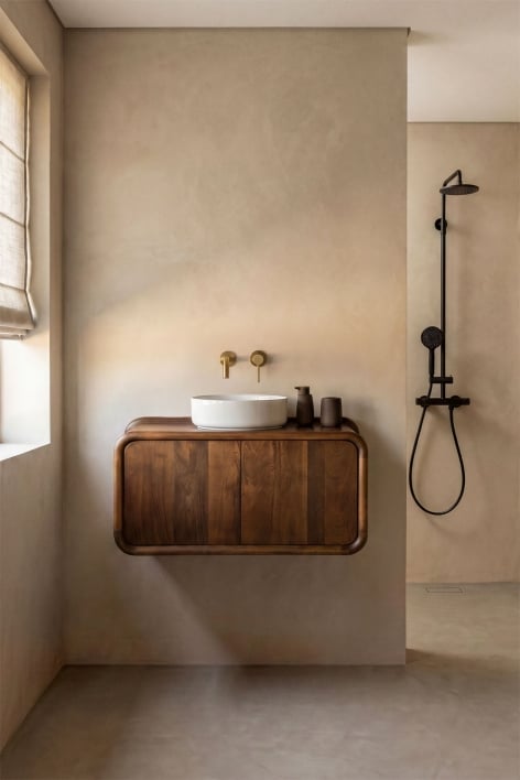 Conjunto de mueble de baño suspendido 90x45 cm en madera de mango Maupaul - Madera Mango Oscura