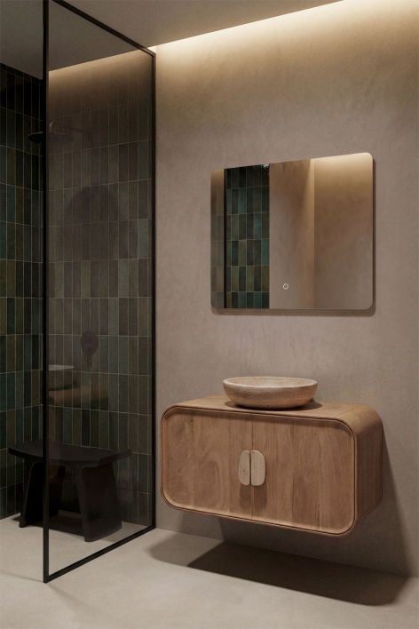Conjunto de mueble de baño suspendido 95x45 cm en madera de mango y piedra natural Kivalina - Travertino - Madera de Mango