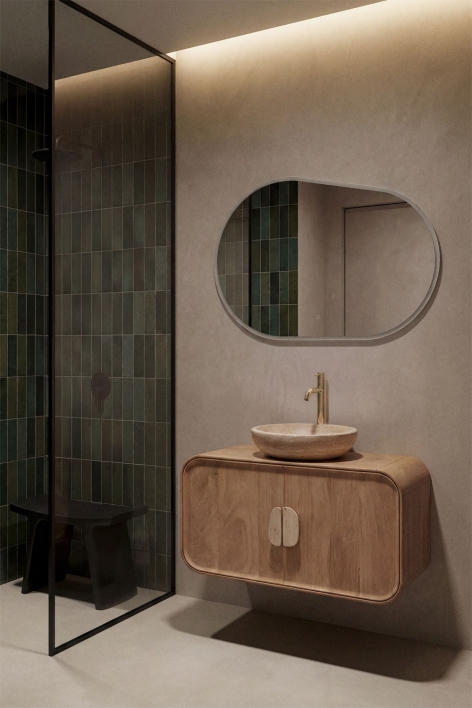 Conjunto de mueble de baño suspendido 95x45 cm en madera de mango y piedra natural Kivalina