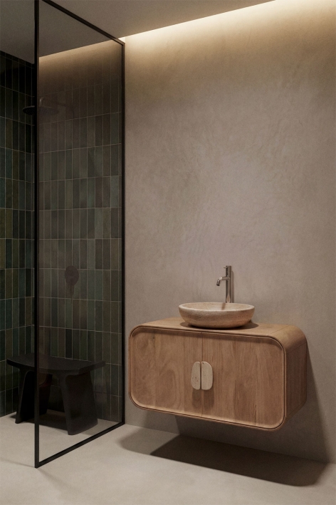 Conjunto de mueble de baño suspendido 95x45 cm en madera de mango y piedra natural Kivalina - Travertino - Madera de Mango