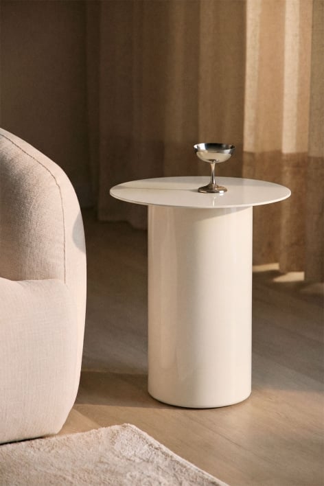 Mesa auxiliar redonda Ø50 cm en vidrio templado y MDF Asgri - Beige Tapioca