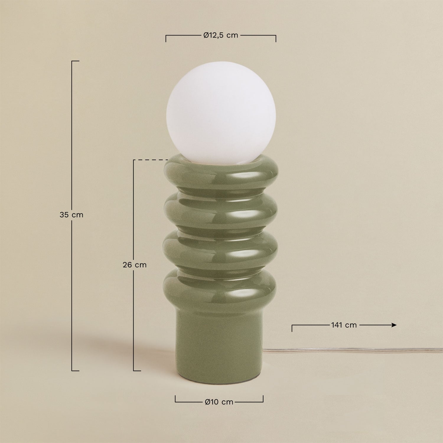 Lámpara de mesa 35 cm en cerámica con bola de cristal Kryx, medidas