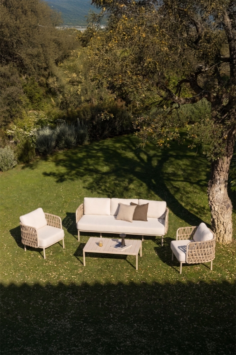 Conjunto de jardín con sofá de 3 plazas, 2 sillones en cuerda trenzada Tevary y mesa de centro en aluminio Boleni - Tela Beige Tapioca