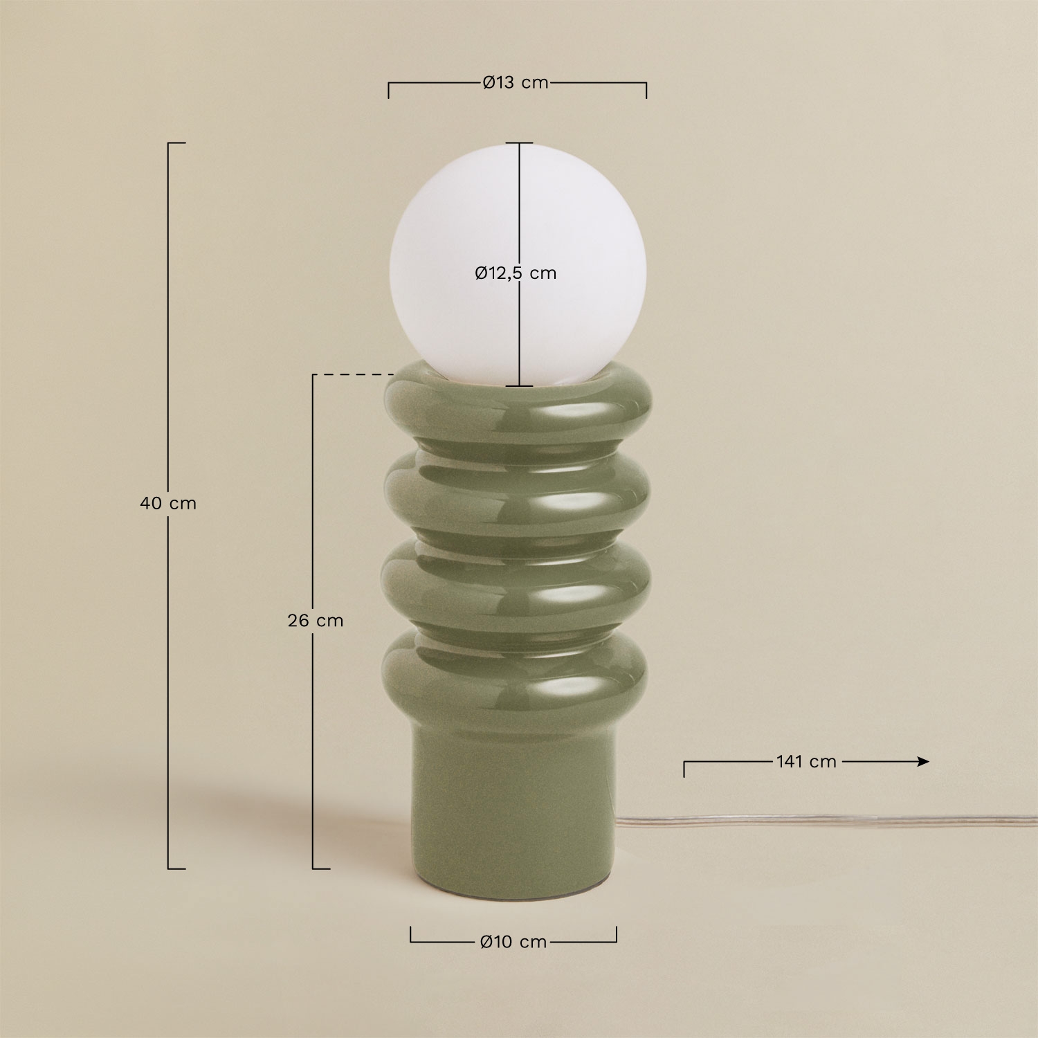 Lámpara de mesa 40 cm en cerámica con bola de cristal Kryx, medidas