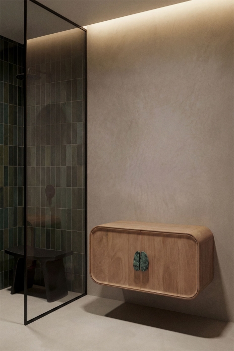 Conjunto de mueble de baño suspendido 95x45 cm en madera de mango y piedra natural Kivalina - Mármol Verde Udaipur - Madera de Mango