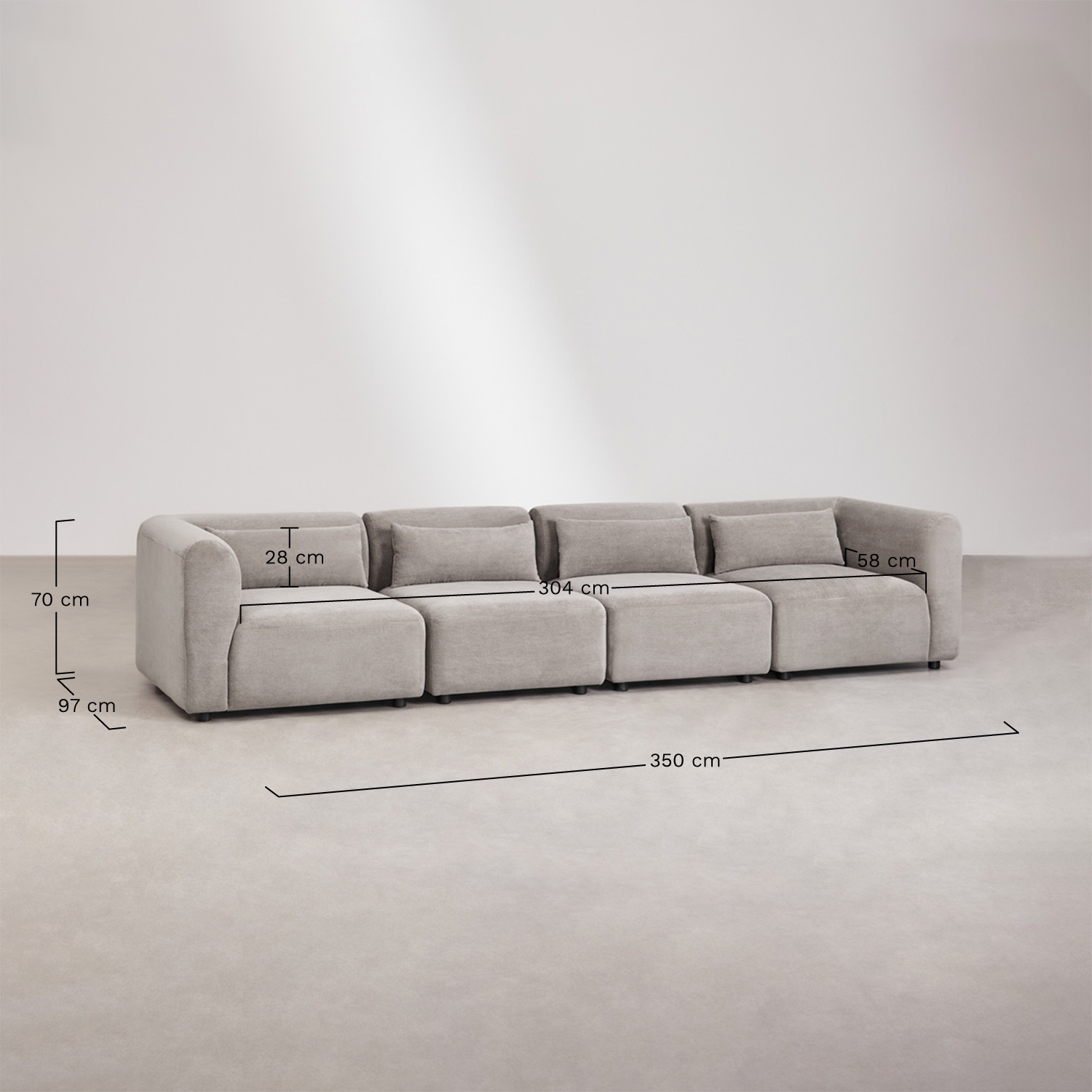 Conjunto de salón con sofá modular de 4 piezas, sillón y puff Fogler, medidas