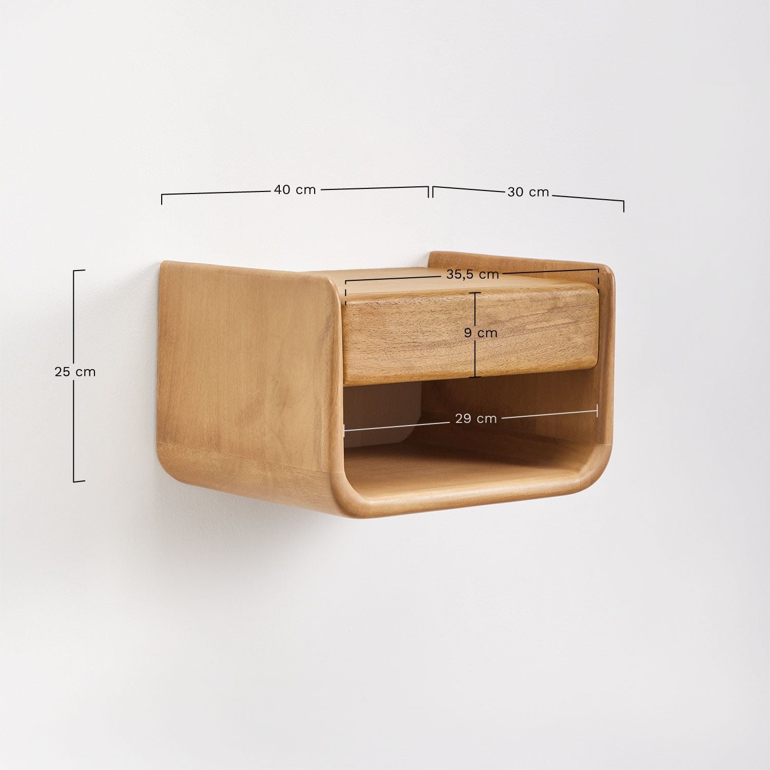 Mesita de noche flotante rectangular 40x30 cm en madera Tinsley, medidas