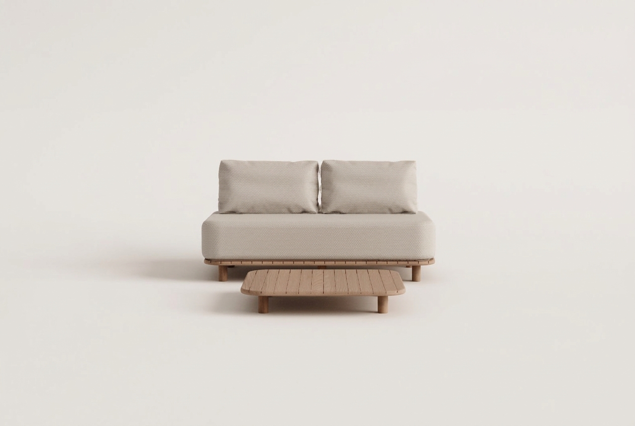 Conjunto de salón con sofá de 2 plazas y mesa de centro cuadrada 95x95 cm en acacia Portet