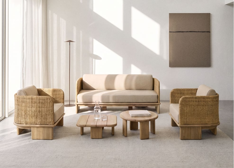Conjunto de salón con sofá de 3 plazas, 2 sillones y 2 mesas de centro en ratán y madera de acacia Famara