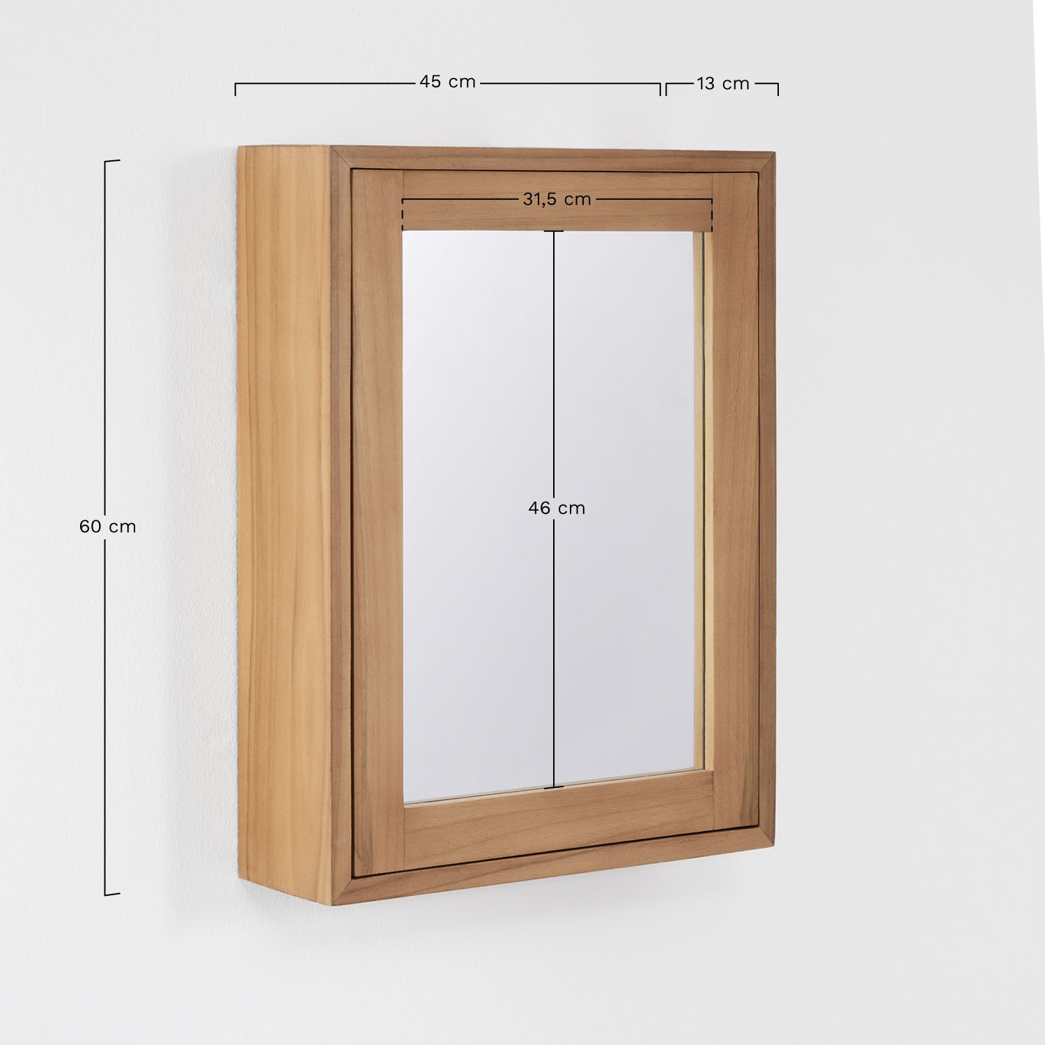 Armario de pared rectangular 45x60 cm para baño en madera de teca con espejo Ian, medidas