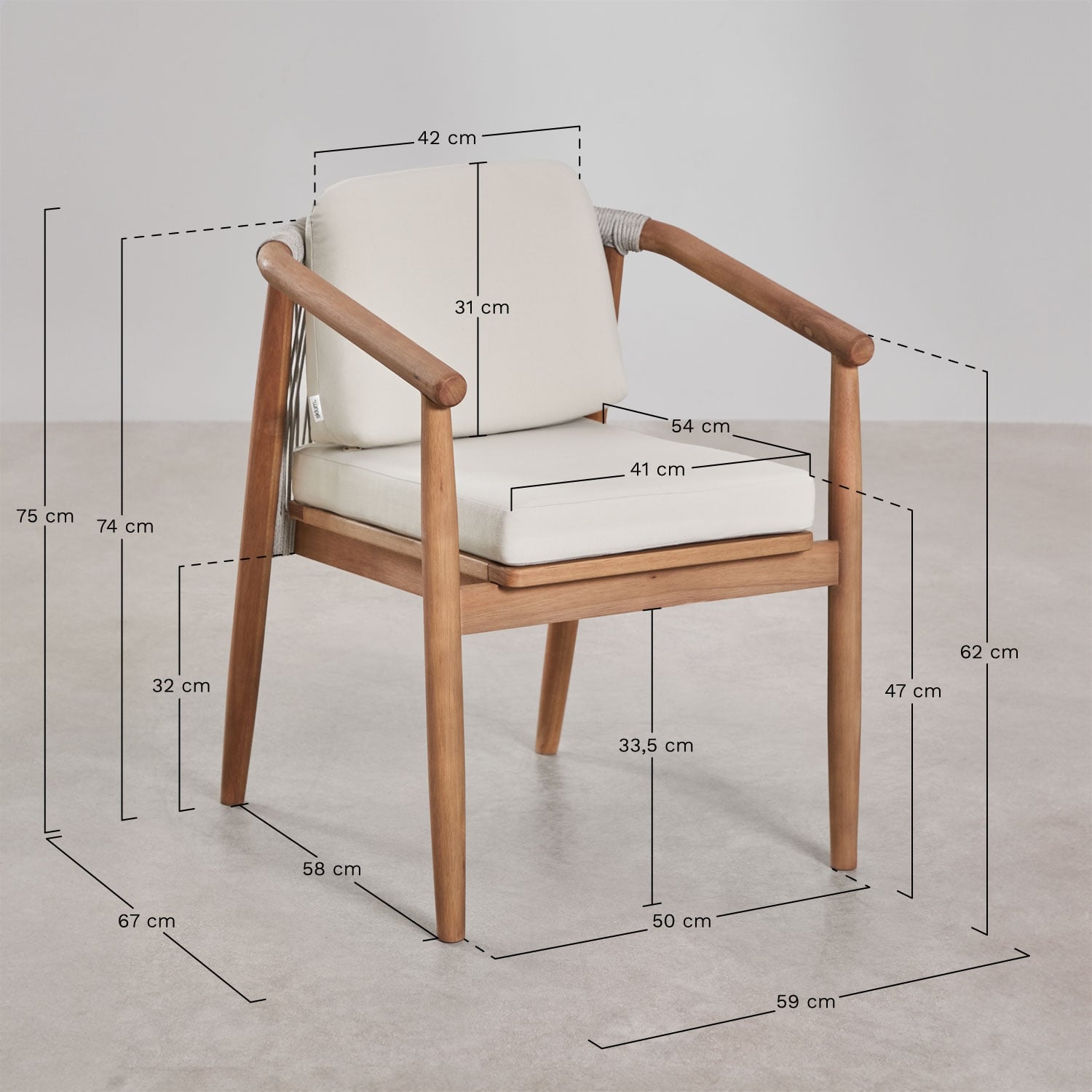 Silla de comedor con reposabrazos en madera de eucalipto Aderyn, medidas