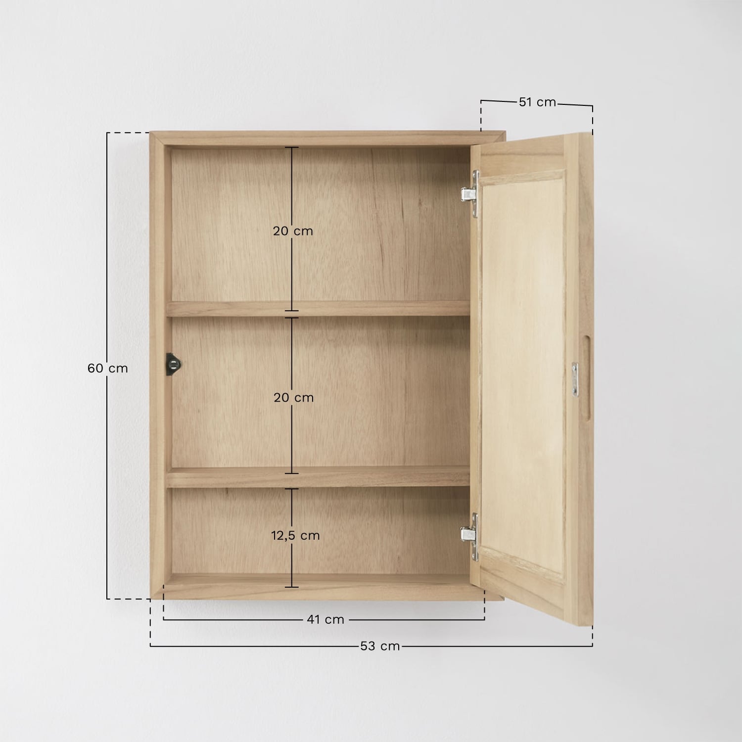 Armario de pared rectangular 45x60 cm para baño en madera de teca con espejo Ian, medidas
