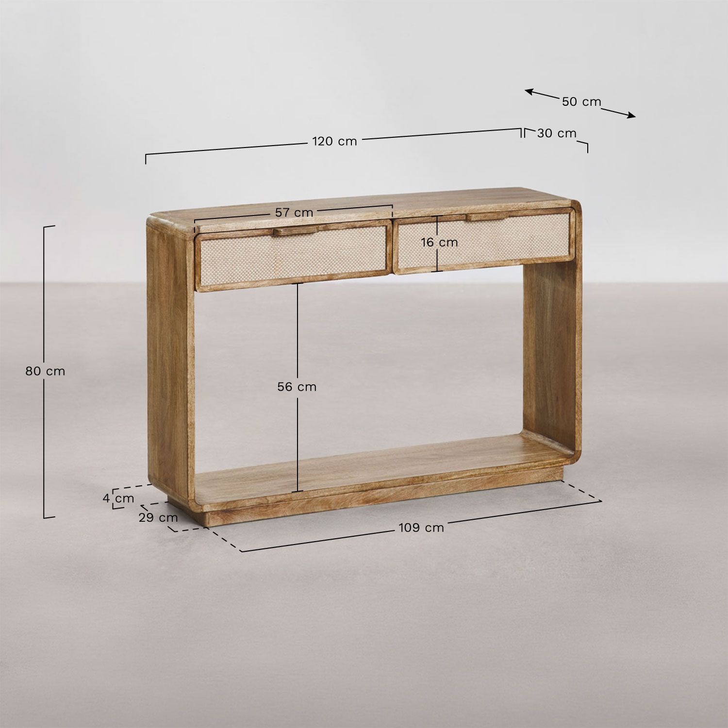 Consola recibidor 120x30 cm en madera de mango Abrams, medidas