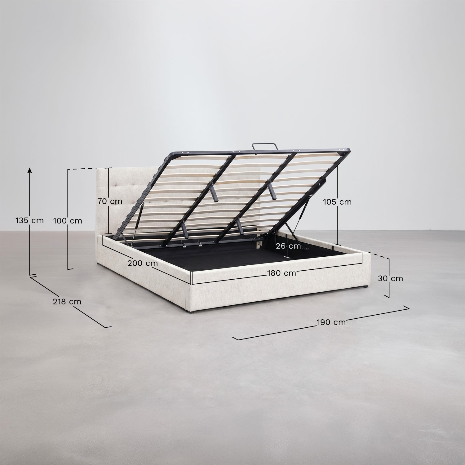 Cama con canapé abatible tapizada Abiel, medidas