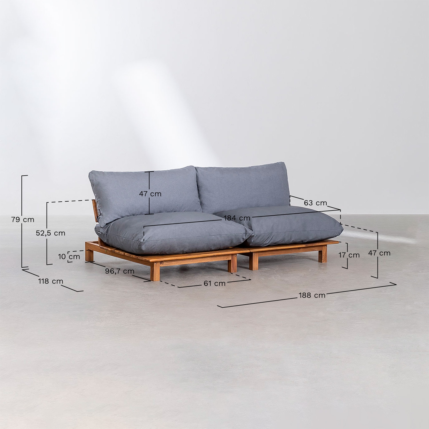 Sofá modular reclinable de 2 piezas en madera de acacia Brina, medidas