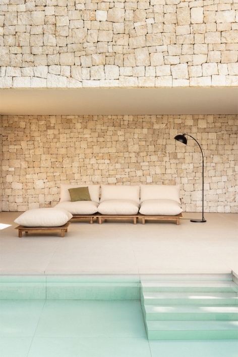 Sofá modular reclinable de jardín de 3 piezas con puff en madera de acacia Brina