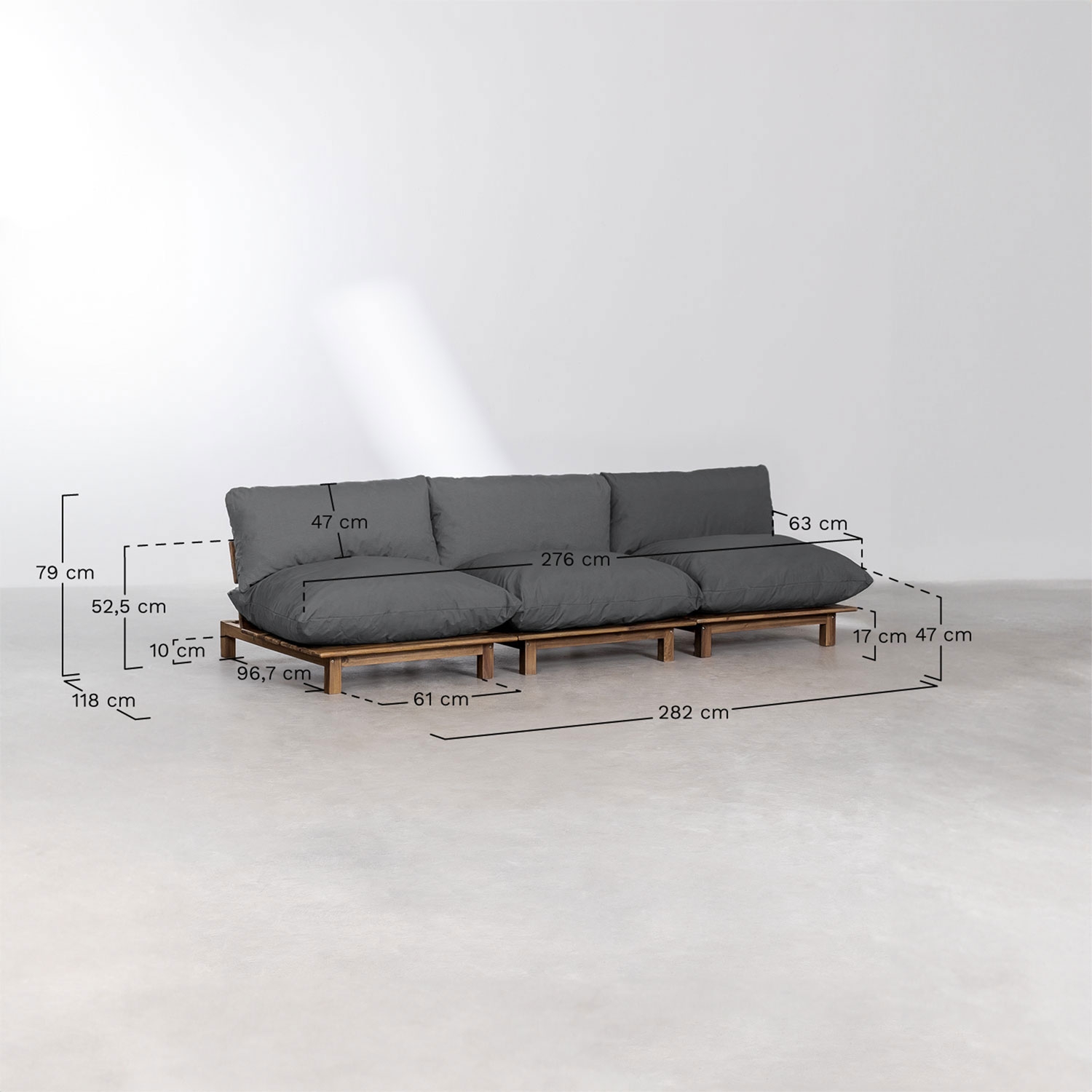 Sofá modular reclinable de 3 piezas con puff en madera de acacia Brina, medidas