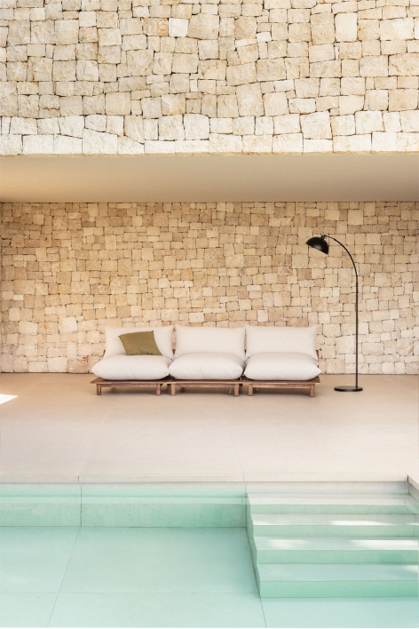 Sofá modular reclinable de jardín de 3 piezas en madera de acacia Brina - Beige Crema
