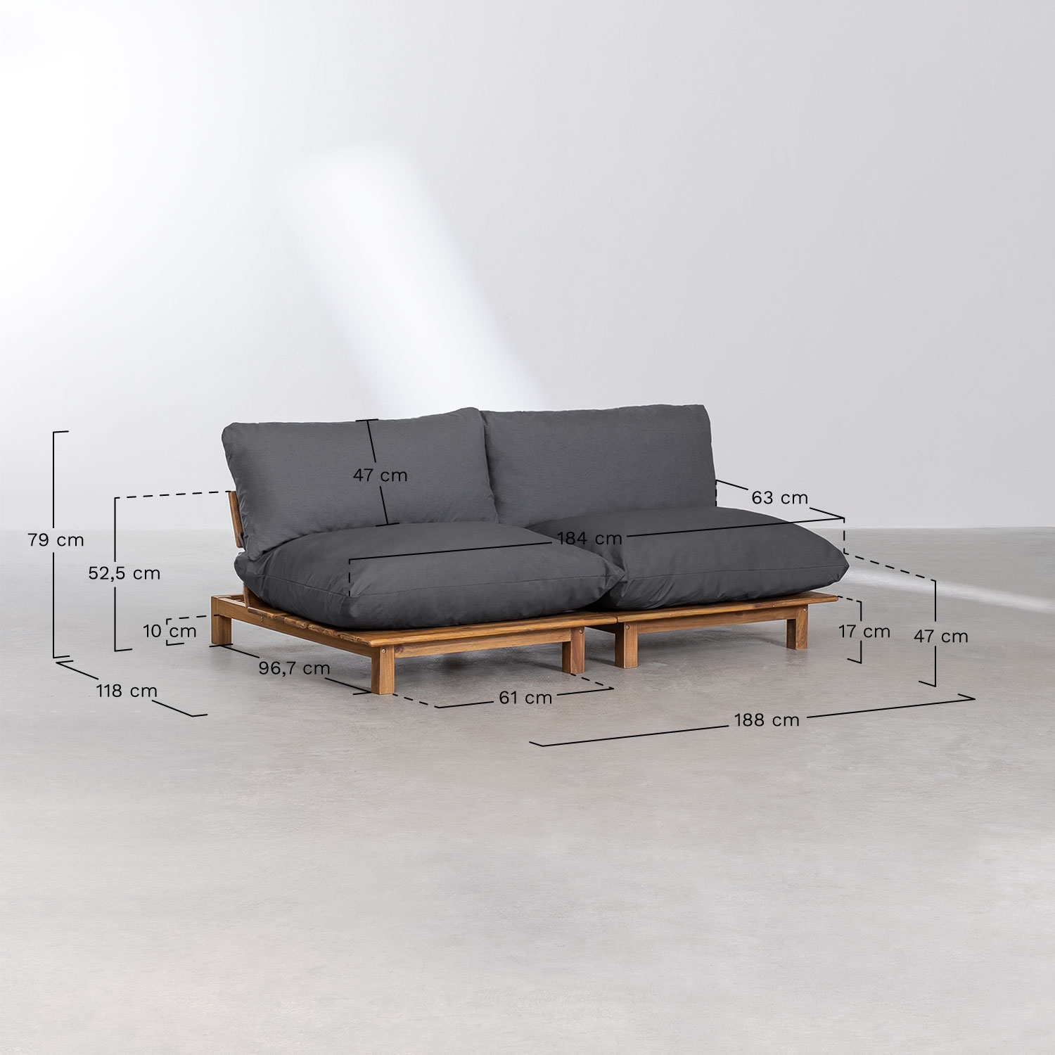 Sofá modular reclinable de 2 piezas en madera de acacia Brina, medidas