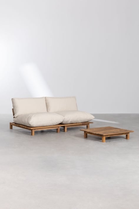 Conjunto de salón con sofá modular reclinable de 2 piezas y mesa de centro en madera de acacia Brina
