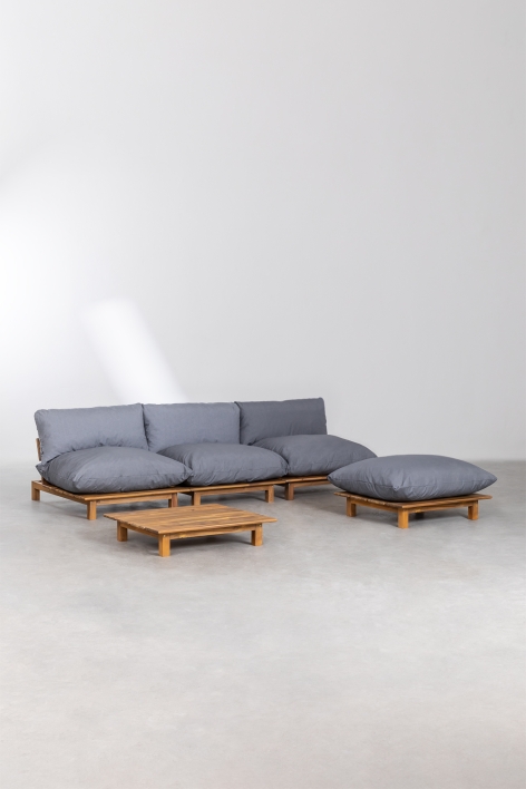 Conjunto de salón con sofá modular reclinable de 3 piezas, mesa de Centro y puff en madera de acacia Brina