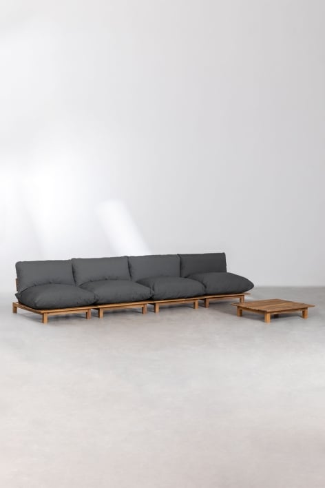 Conjunto de salón con sofá modular reclinable de 4 piezas y mesa de centro en madera de acacia Brina