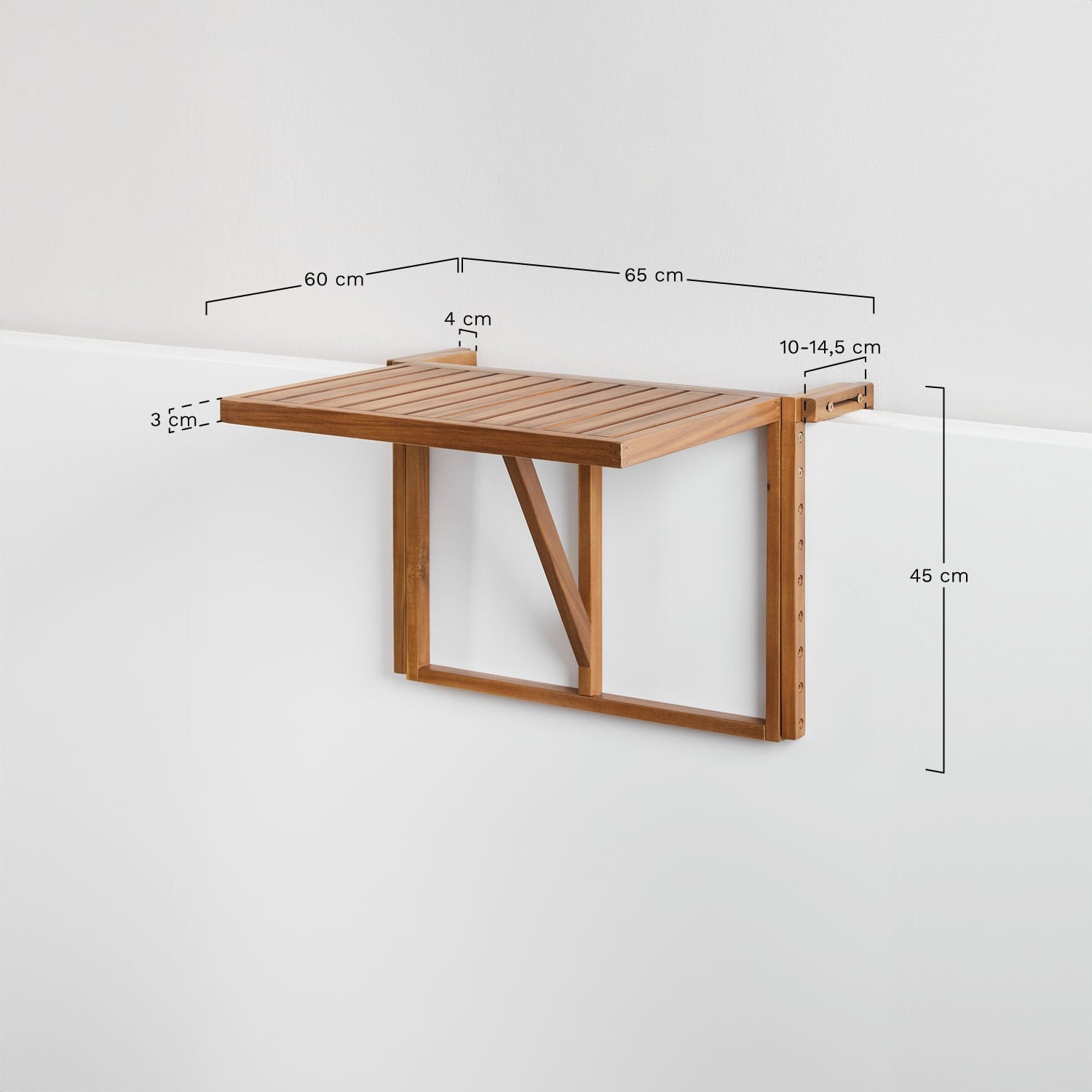 Mesa de jardín rectangular 65x60 cm colgante y plegable en madera de acacia Delawer , medidas