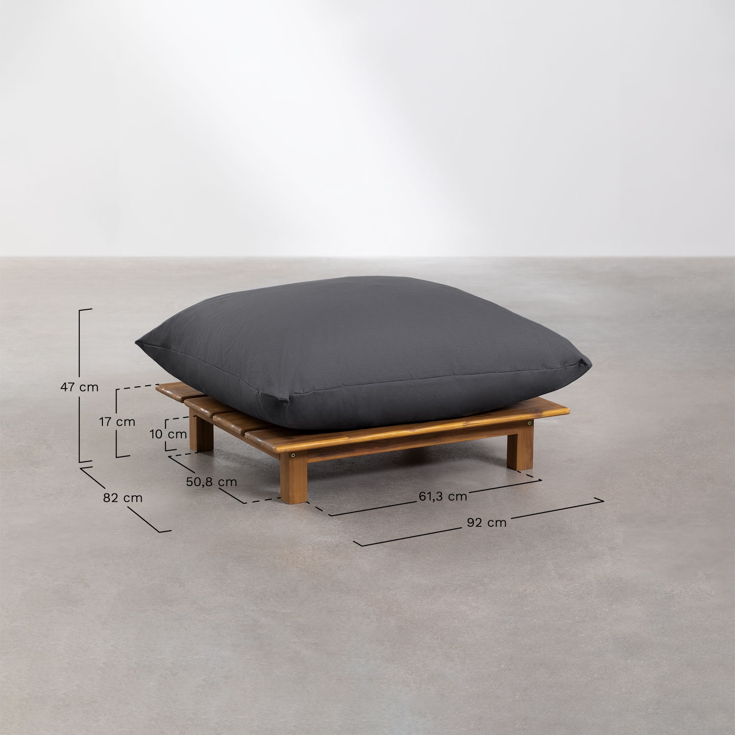 Sofá modular reclinable de 2 piezas con puff en madera de acacia Brina, medidas