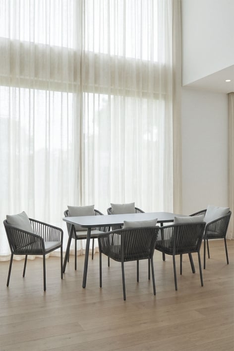 Set de mesa rectangular 160x90 cm y 6 sillas de comedor en cuerda trenzada Arhiza Classic - Gris Grafito