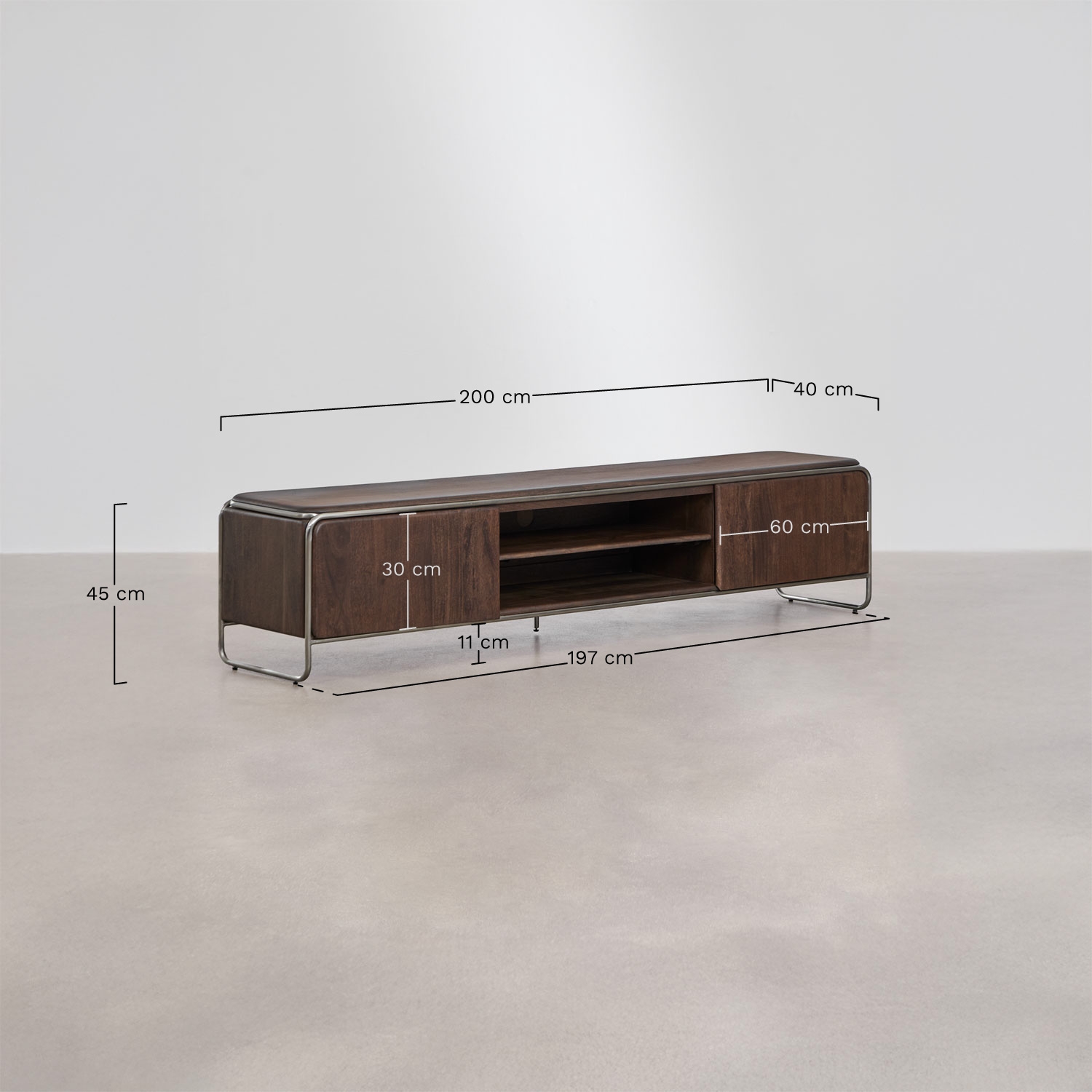Mueble TV en madera de acacia y acero inoxidable Altrex, medidas