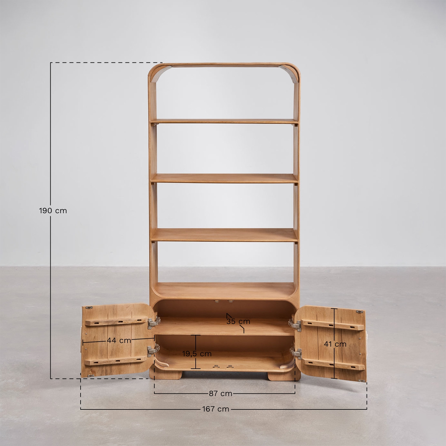 Estantería 190 cm en madera de mango y piedra natural Kivalina, medidas
