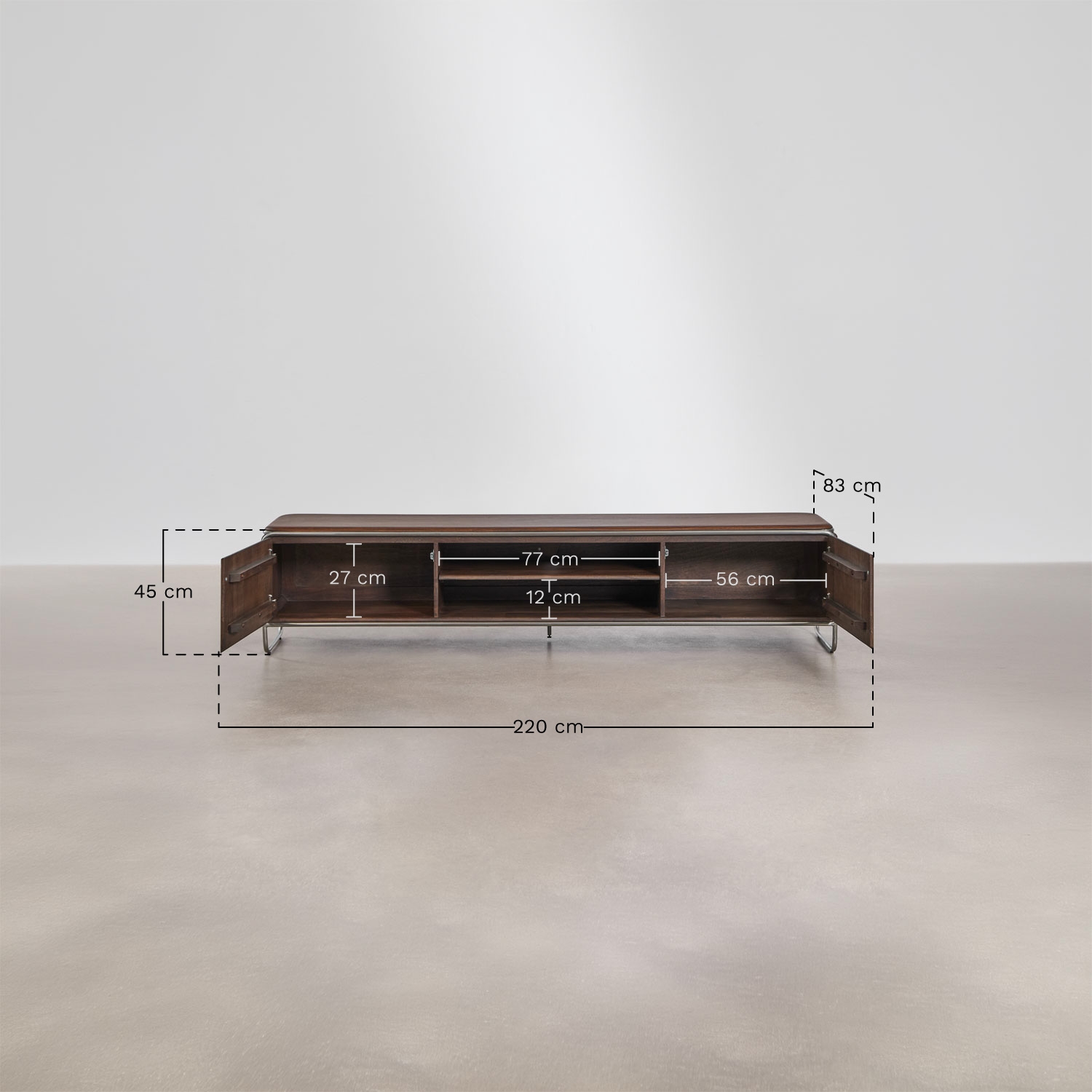 Mueble TV en madera de acacia y acero inoxidable Altrex, medidas