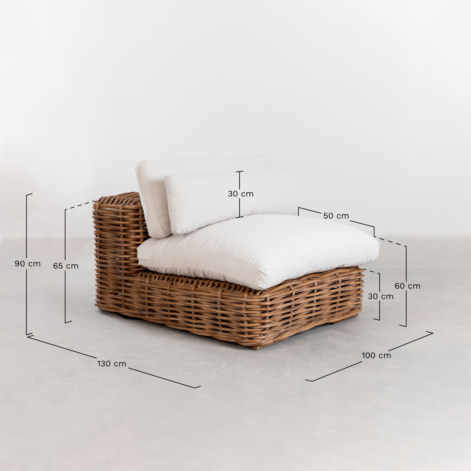 Módulo central para sofá modular de jardín en ratán Milu Style, medidas
