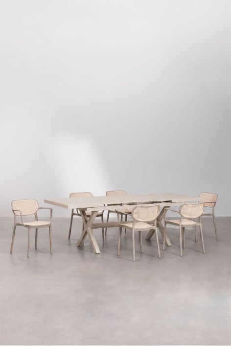 Set de mesa rectangular 180-240x90 cm extensible Karena y 6 sillas de jardín apilables con reposabrazos Omara - Marrón Moka