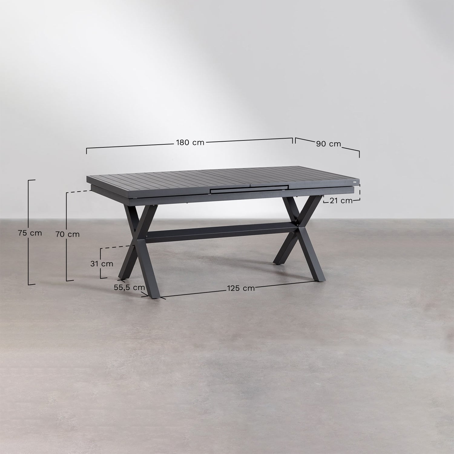 Set de mesa rectangular 180-240x90 cm extensible Karena y 6 sillas de jardín apilables con reposabrazos Omara, medidas