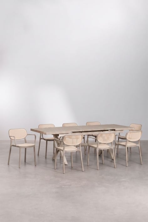 Set de mesa rectangular 180-240x90 cm extensible en aluminio Karena y 8 sillas de jardín apilables con reposabrazos Omara - Marrón Moka