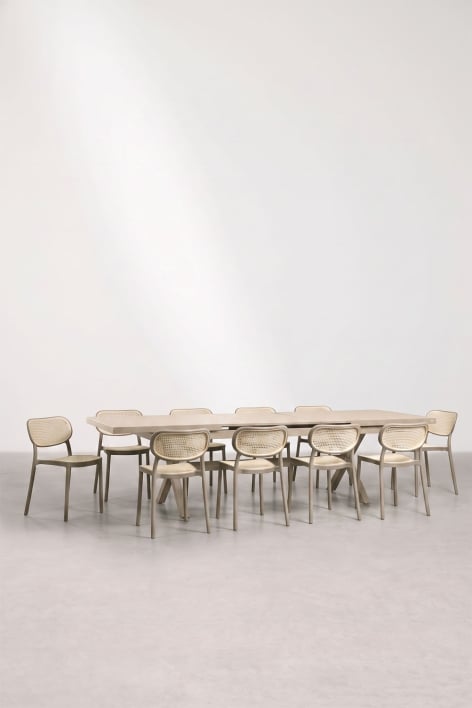 Set de mesa rectangular 240-300x100 cm extensible en aluminio Karena y 10 sillas de jardín apilables en polipropileno Omara - Marrón Moka