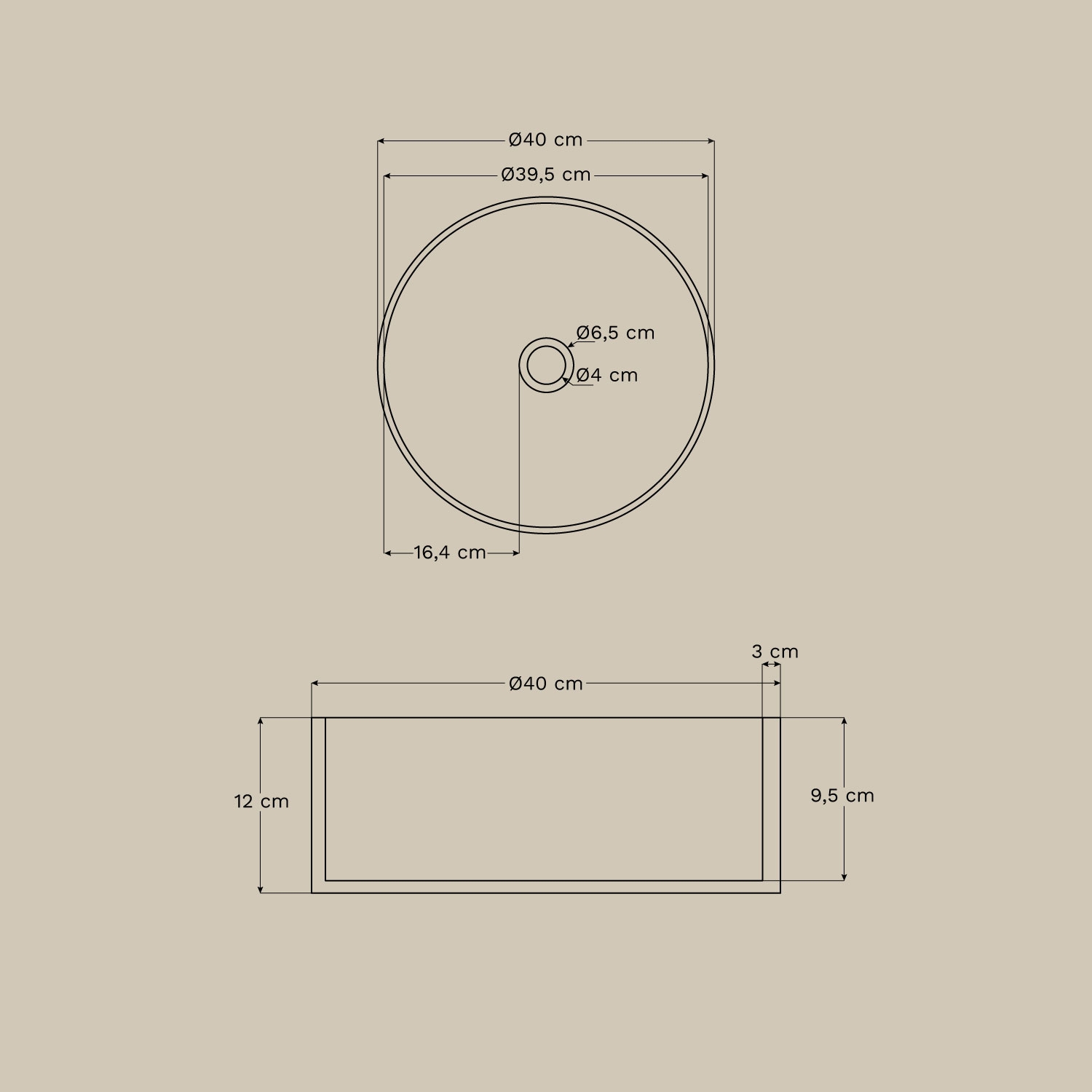 Lavabo redondo Ø40 cm en acero inoxidable Lemia, medidas