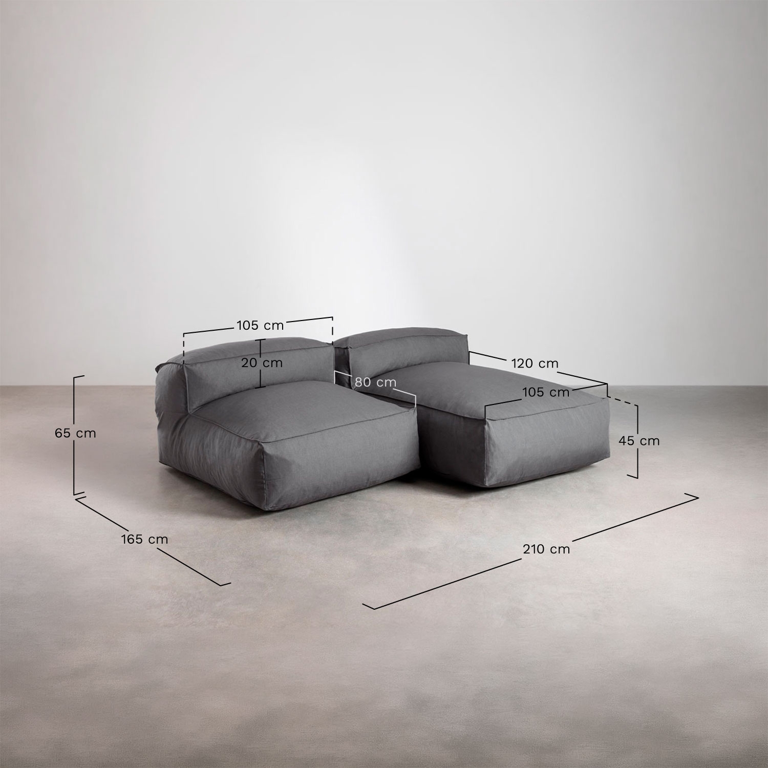 Sofá modular chaise longue de 2 piezas Dojans , medidas
