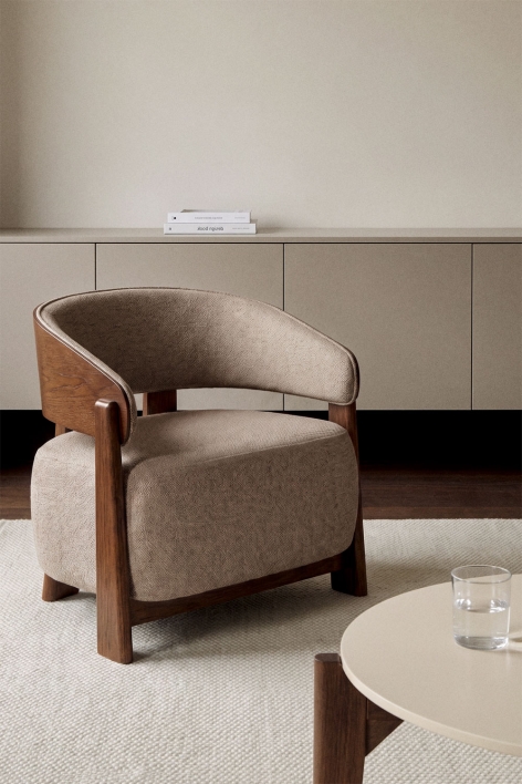 Sillón en madera de roble tapizado Olea - Chenilla Marrón Trigo