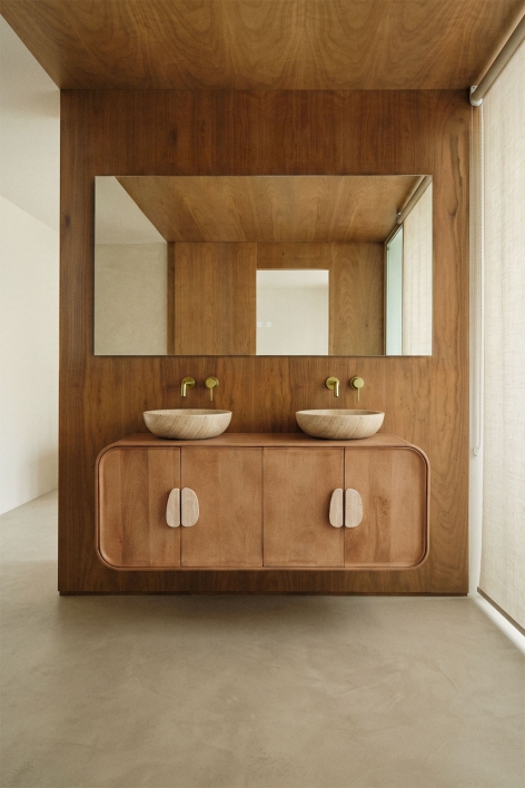 Conjunto de mueble de baño doble suspendido 130x45 cm en madera de mango y piedra natural Kivalina - Travertino - Madera de Mango
