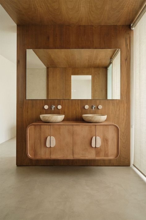 Conjunto de mueble de baño doble suspendido 130x45 cm en madera de mango y piedra natural Kivalina - Travertino - Madera de Mango
